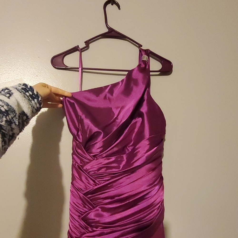 Magenta over one shoulder dress